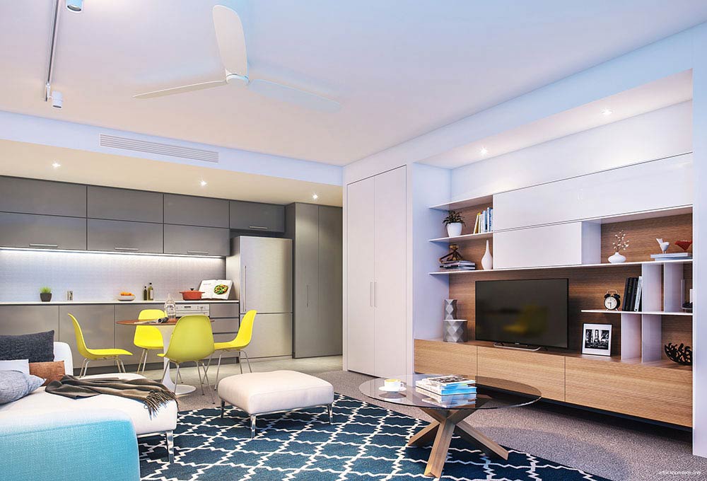 Artists' impresssion: Living area back into kitchen: Liv, Apartments - Defence Housing Australia development