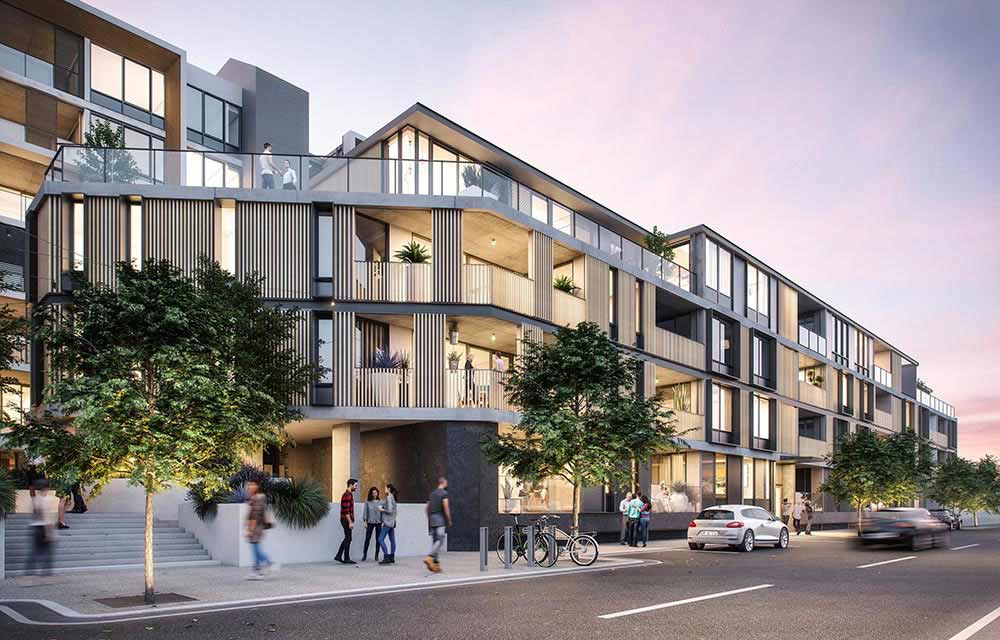 Artists' impresssion: Fontal aspect, street view (2): Liv, Apartments - Defence Housing Australia development
